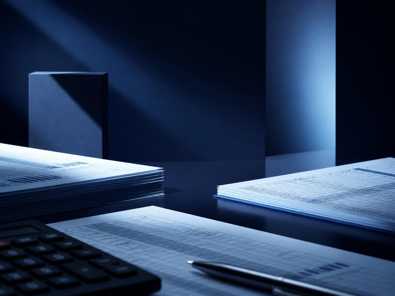 Financial statements and ledger reports on a desk under blue light