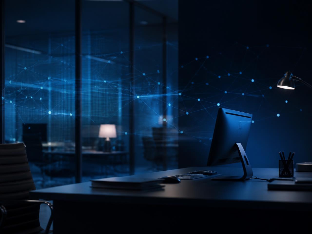Dark office workstation with a subtle blue data network overlay