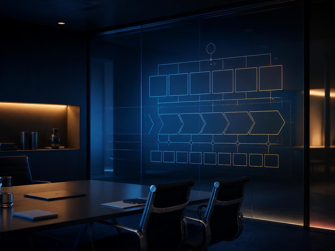 Framework diagram projected on glass in a dark boardroom