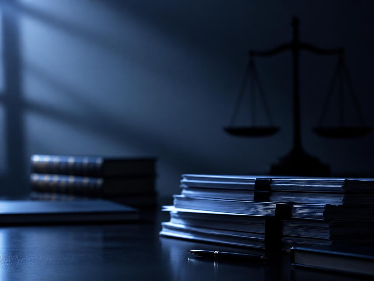 Contract stacks on a dark desk with a scales-of-justice silhouette