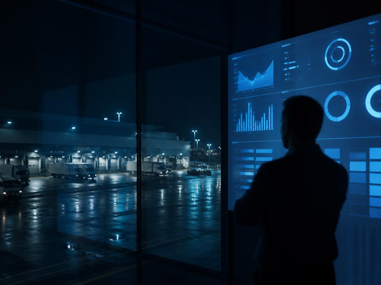 Operations dashboard glowing beside a distribution facility at night