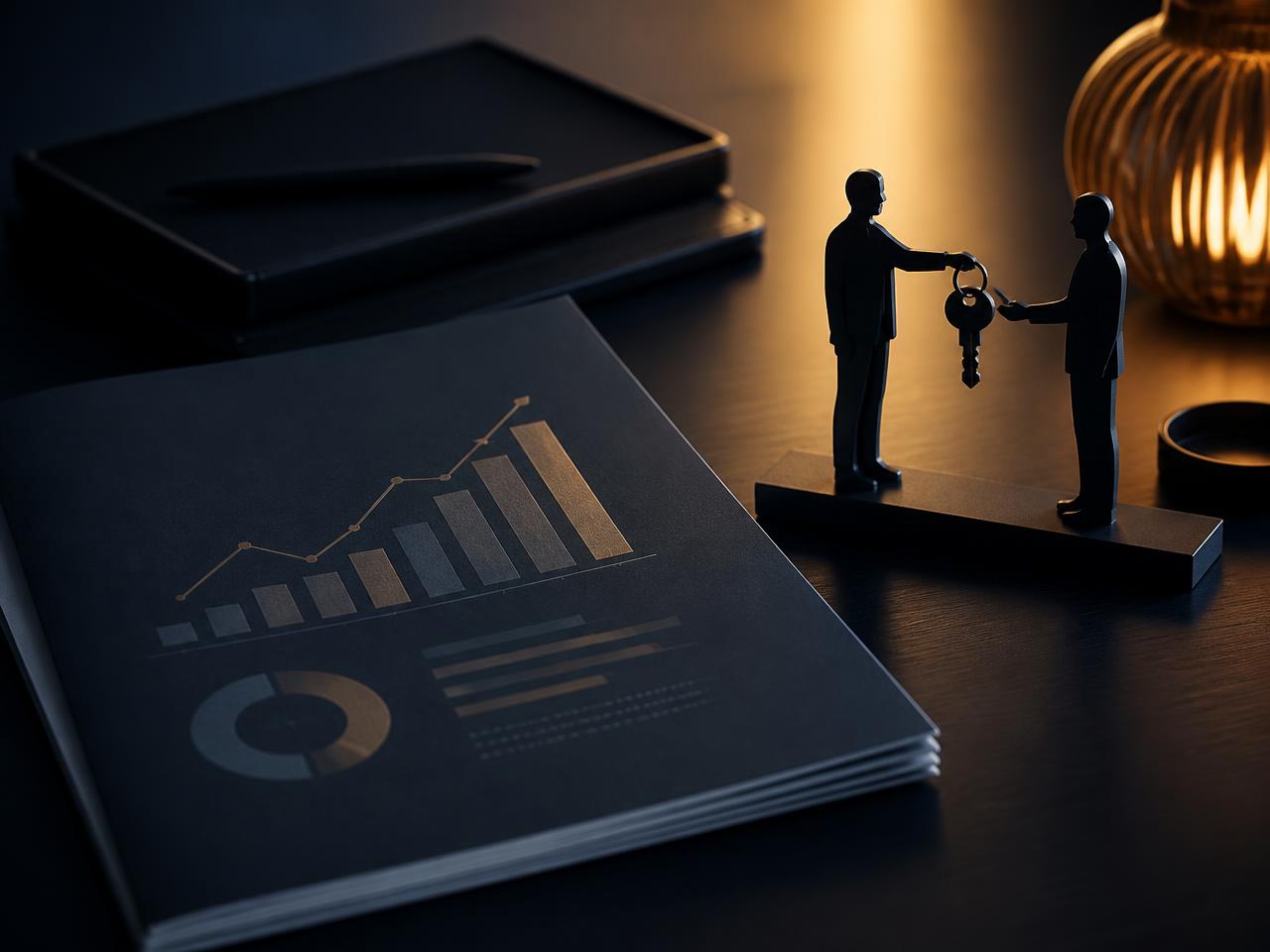 Valuation report beside figures exchanging a key under amber light
