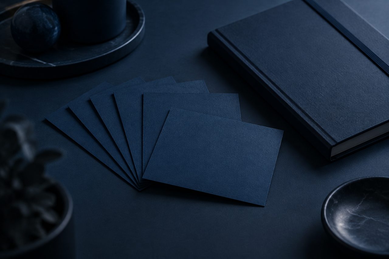 Editorial navy still life illustrating The Importance of Developing Regular Thought Leadership Assets Around Key Problems Your Products or Services Solve