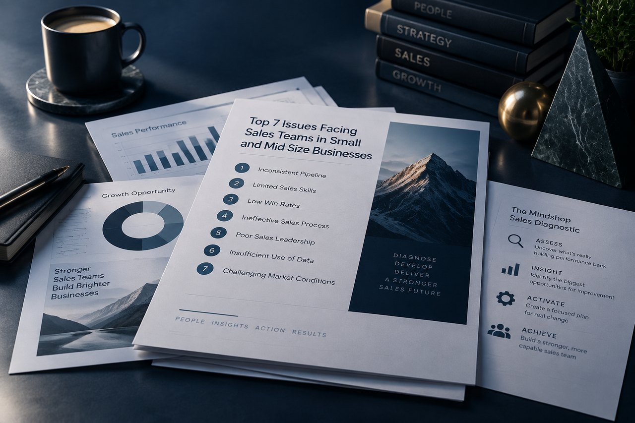Editorial illustration for Top Seven Issues Facing Sales Teams in Small and Mid-Size Businesses and How the Mindshop Sales Diagnostic Can Help