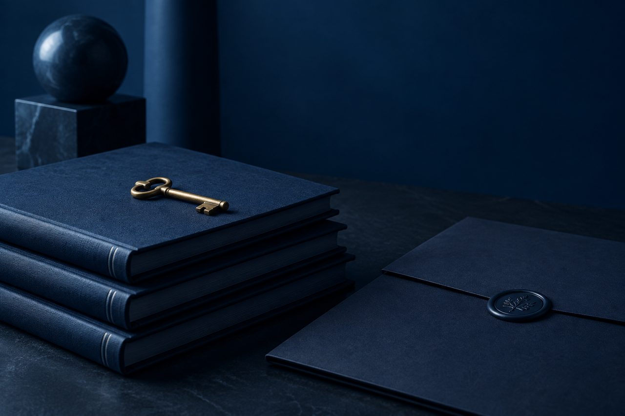Editorial navy still life illustrating Unleashing Strategic Multiples: The Power of a Strong Sustainable Competitive Advantage